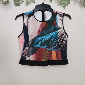 Clover Canyon Size S Sleeveless Multicolor Abstract Women's Crop Top Ruffle Hem